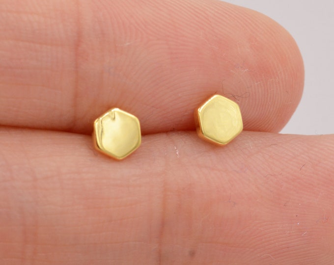 Sterling Silver Hexagon Geometry Stud Earrings, Silver or Gold, Minimalist Geometric Design, Anti-Tarnish Finish