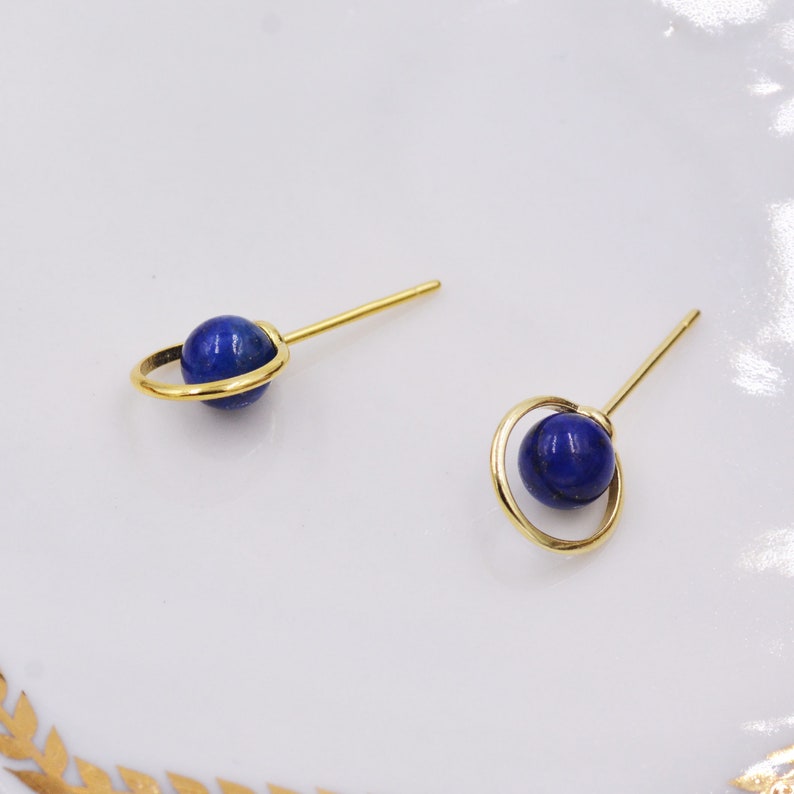 Sterling Silver 'Blue Planet' Saturn Planet Halo Stud Earrings with Lapis Lazuli Gemstone, Gold or Silver, Cute Fun Quirky Design image 2