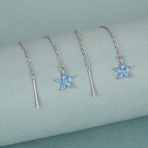Akvamarinblå CZ-örhängen med blomma i sterlingsilver, silver eller guld, örhängen med förgätmigej-ej-blommor, glittrande CZ-örhängen