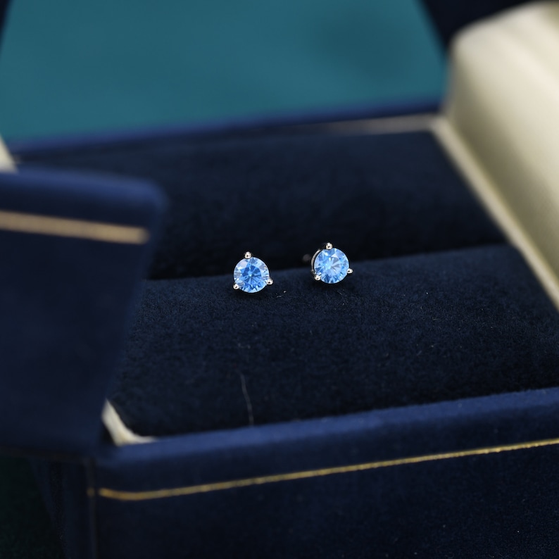 Aquamarine Blue CZ Stud Earrings in Sterling Silver, 3mm, Three Prong, Blue Stacking Earrings image 5