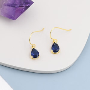 Sapphire Blue Pear Cut CZ Drop Oorbellen in Sterling Zilver, Zilver of Goud, Blauwe Druppel Dangle Oorbellen afbeelding 5