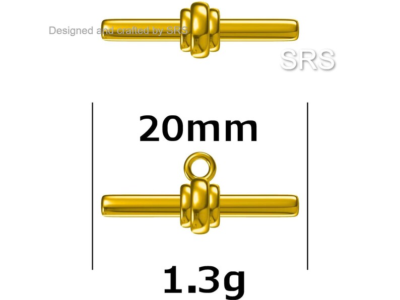 May include: Gold-toned metal toggle clasp with a 20 mm length and a weight of 1.3 grams.  The clasp has a round, decorative design with a loop at the top.