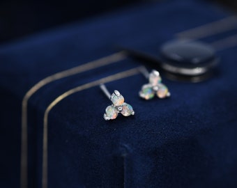 Opal Trio Stud Earrings in Sterling Silver,  Silver, Gold or Rose Gold,  Dainty Three Dot Opal Earrings