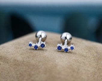Tiny Sapphire Blue CZ Trio Screw Back Earrings in Sterling Silver, Silver or Gold, Tiny Three Star CZ Barbell Earrings, Stacking Earrings