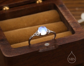 Sterling Silver Celtic Knot Ring with Simulated Moonstone, Adjustable Size, Celestial Jewellery, Dainty and Delicate, Moon Ring
