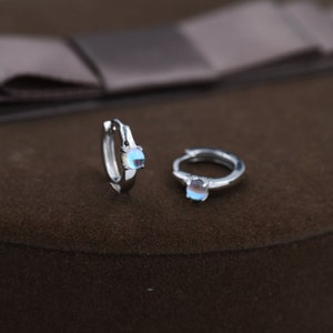 Delicate Moonstone Huggie Hoop Earrings in Sterling Silver, Tiny Moonstone Hoop Earrings
