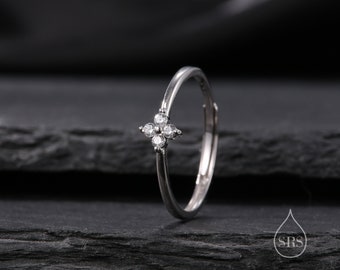 Hortensia CZ bloem minimalistische ring in sterling zilver, vier kristallen bloemenring, kleine CZ ring, maat verstelbaar