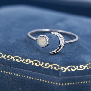 Sterling Silver Opal Moon Ring, Full Moon and Cresent Moon, Adjustable Sized Ring, Open Ring, Stacking Rings