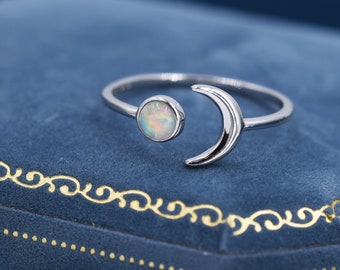 Sterling Silver Opal Moon Ring, Full Moon and Cresent Moon, Adjustable Sized Ring, Open Ring, Stacking Rings