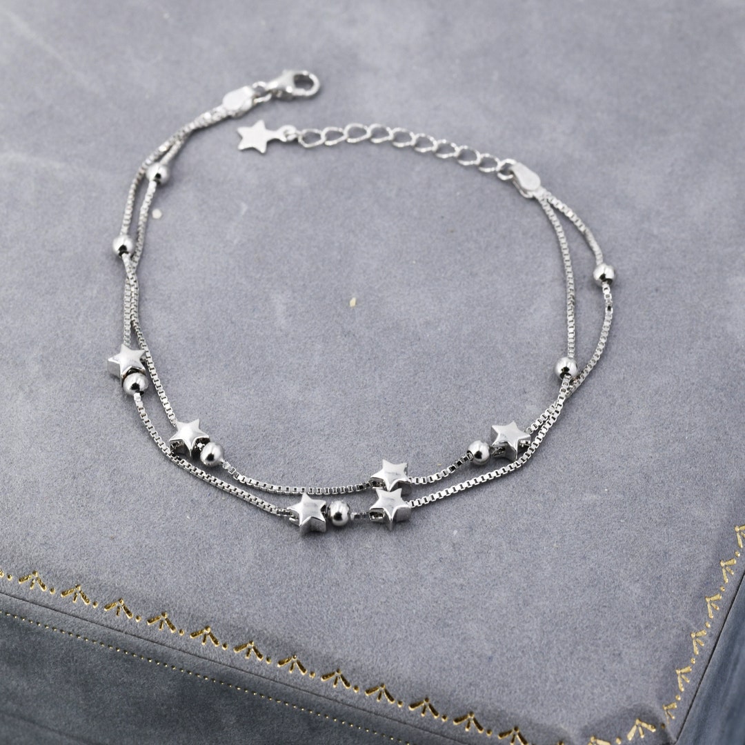 Sweet Double Layer Stars Moon Jewelry Gift For Her Sterling Silver Women's  Charms Bracelet, Fashion Bracelets