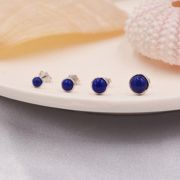 Natural Lapis Lazuli Stud Earrings in Sterling Silver - Genuine Blue Lapis Lazuli Crystal Stud Earrings  - Semi Precious Gemstone