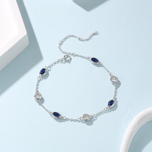 Sapphire Blue and Clear CZ Bracelet in Sterling Silver, Silver or Gold or Rose Gold , Oval Blue CZ Bracelet, Satellite Bracelet