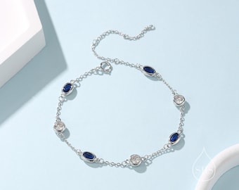 Bracelet CZ bleu saphir et incolore en argent sterling, argent ou or ou or rose, bracelet CZ bleu ovale, bracelet satellite
