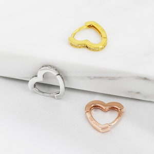 CZ Heart Huggie Hoop Earrings in Sterling Silver, Silver, Gold or Rose Gold with CZ Crystals, Minimalist Geometric Design