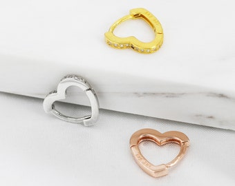 CZ Heart Huggie Hoop Earrings in Sterling Silver, Silver, Gold or Rose Gold with CZ Crystals, Minimalist Geometric Design