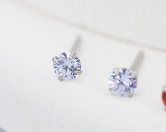 June Birthstone Earrings, Alexandrite Stud Earrings in Sterling Silver, Extra Tiny Crystal Stud, 3mm Birthstone CZ Earrings