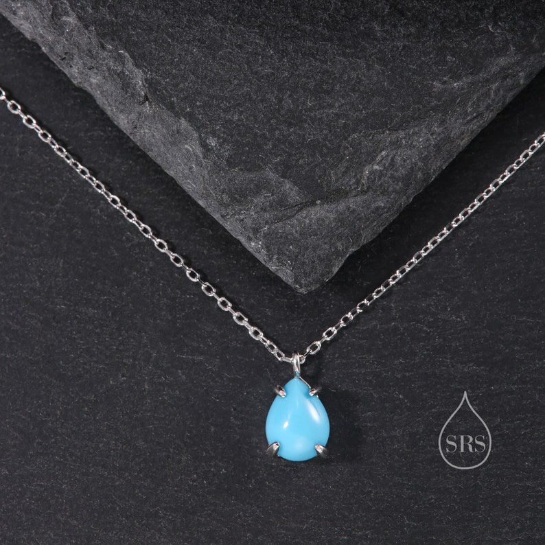 Genuine Blue Turquoise Pear Necklace in Sterling Silver, Droplet Cabochon Natural Turquoise Pendant Necklace image 5