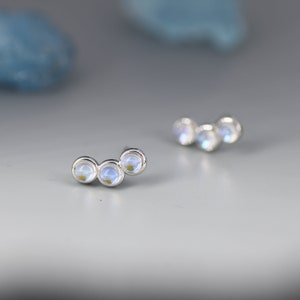 Sterling Silver Moonstone Trio Stud Earrings, Three Moonstone Earrings, Mermaid Colour Earrings, Simulated Moonstone Glass Earrings