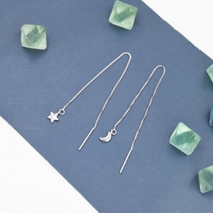 Moon and Star Threader Earrings in Sterling Silver, Silver or Gold, Crescent Moon Ear Threaders, 10cm long threaders, Double Piecing