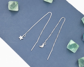 Moon and Star Threader Earrings in Sterling Silver, Silver or Gold, Crescent Moon Ear Threaders, 10cm long threaders, Double Piecing