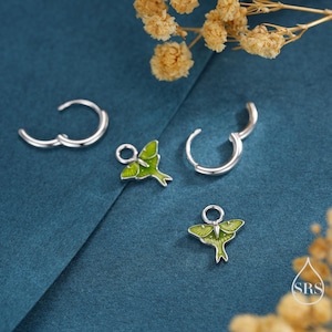 May include: Silver hoop earrings with green and silver moth charms. The earrings are set against a teal background with dried flowers. The moth charms have green enamel wings and detailed silver bodies.