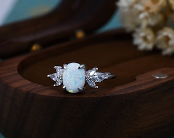 Fire Opal Oval and CZ Ring in Sterling Silver, US 5 - 8, Opal Crown Ring, Lab Opal Stone Ring, White Opal Ring