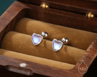 Moonstone Heart Screwback Earrings in Sterling Silver, Silver or Gold, Delicate Heart Earrings, Moonstone Heart Barbell Earrings, Screw Back