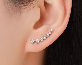 Sterling Silver Ear Crawler Earrings with Sparkly CZ Crystals, Silver, Gold or Rose Gold