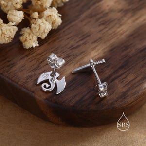 Peut inclure: Une paire de boucles d'oreilles clous en argent en forme de dragon. Les boucles d'oreilles pr&eacute;sentent un motif de dragon d&eacute;taill&eacute; avec des ailes et une queue enroul&eacute;e. Elles sont pos&eacute;es sur une surface en bois avec des fleurs s&eacute;ch&eacute;es.