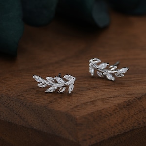 Sparkly Leaf CZ Stud Earrings in Sterling Silver, Silver or Gold, Bridal Jewellery, Bridesmaid&#39;s Earrings, Nature Inspired, Botanical