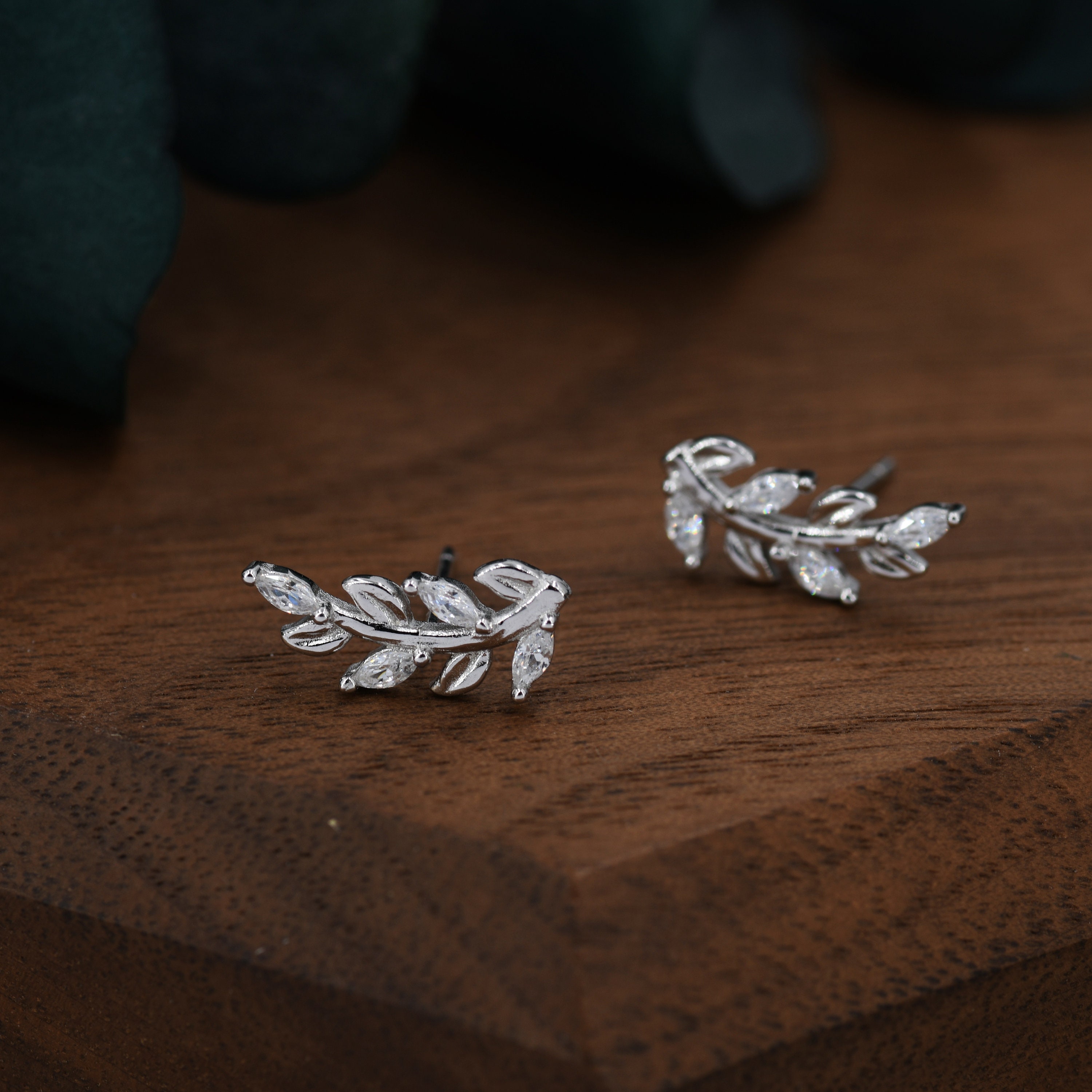 Sparkly Leaf CZ Stud Earrings in Sterling Silver, Silver or Gold, Bridal Jewellery, Bridesmaid's Earrings, Nature Inspired, Botanical