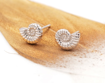 Boucles d'oreilles en argent sterling avec coquille d'ammonite - mignon amusant, fantaisiste - thème mer océan - inspiré de la nature