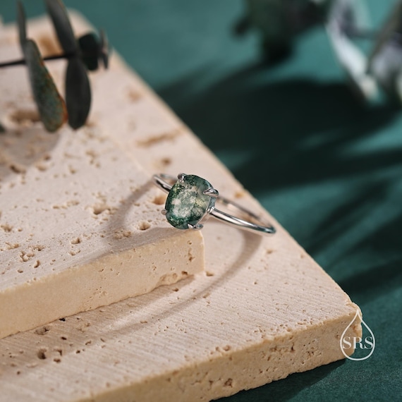 Oval Cut Moss Agate Classic Single Stone Engagement Ring in Sterling Silver,  US Size 5-8, Natural Moss Agate Ring, Genuine Moss Agate Ring