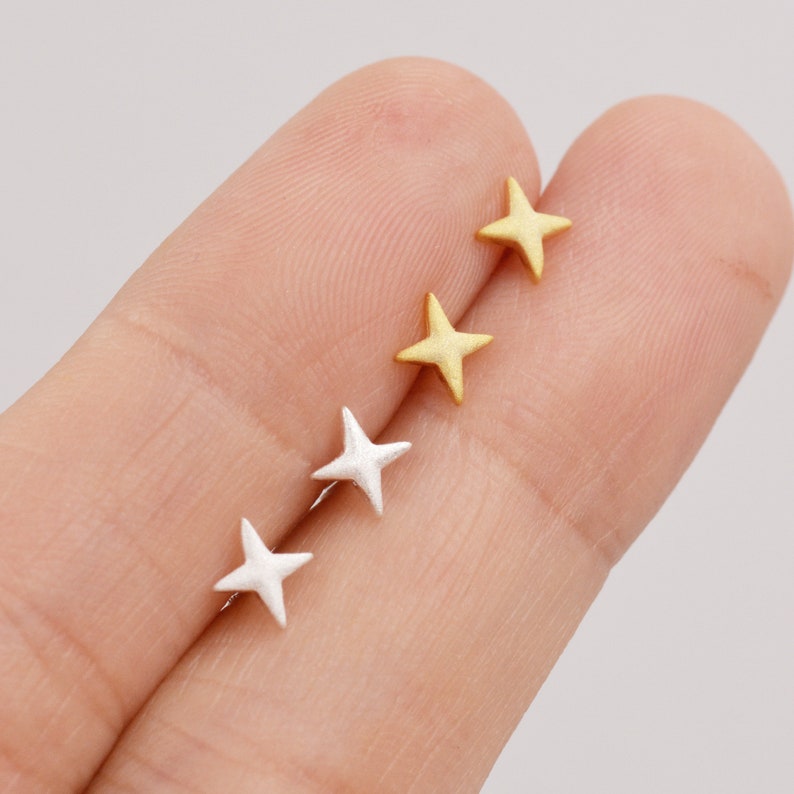 Four Point Star Stud Earrings in Sterling Silver, Tiny Celestial Stud, Polished or Textured, Gold or Silver image 3