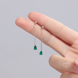 Emerald Green Droplet CZ with Chain Dangle Stud Earrings in Sterling Silver, Silver or Gold, Green CZ Pear Drop Earrings image 1