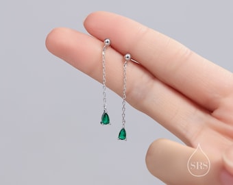 Emerald Green Droplet CZ with Chain Dangle Stud Earrings in Sterling Silver, Silver or Gold, Green CZ Pear Drop Earrings