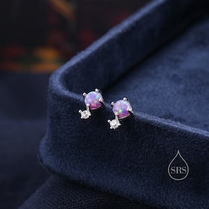 Pendientes de plata de ley con ópalo morado diminuto y circonita cúbica. Pendientes de ópalo diminuto, ópalo de fuego y ópalo de laboratorio.
