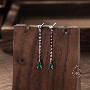 Emerald Green Droplet CZ with Chain Dangle Stud Earrings in Sterling Silver, Silver or Gold, Green CZ Pear Drop Earrings image 3