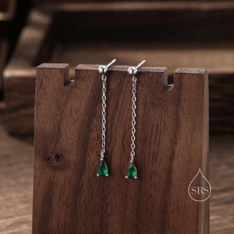 Emerald Green Droplet CZ with Chain Dangle Stud Earrings in Sterling Silver, Silver or Gold, Green CZ Pear Drop Earrings image 3