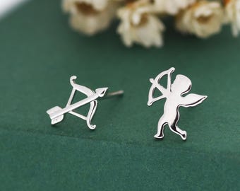 Sterling Silver Cupid and Bow & Arrow Stud Earrings – Mismatched Love and Valentine’s Jewellery - Asymmetric Angel Earrings