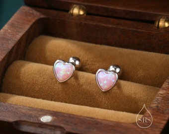 Pink Opal Heart Screw Back Earrings in Sterling Silver, Opal Heart Earrings, Silver or Gold,  Heart Earrings, Fire Opal Earrings