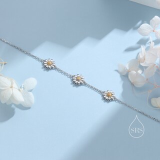 KINGWHYTE Daisy Bracciale In Argento Sterling 925 Con Margherita E Opale | Regolabile 18+5 Cm | Gioiello Per Donne E Ragazze