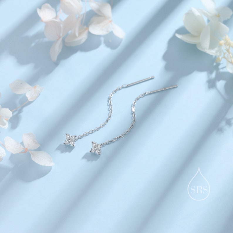 Hortensien Blume CZ Threader Ohrringe in Sterling Silber, Silber oder Gold, vier Punkt Kristall Ohr Threader, Blumen CZ Ohrringe Bild 7