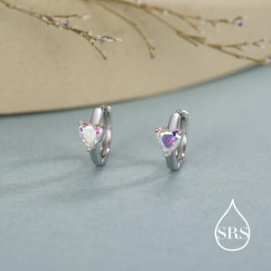 Aurora Heart Huggie Hoop in Sterling Silver, Silver or Gold,  8mm Inner Diameter, AB Crystal Heart Stacking Earrings, Colour Changing AB CZ