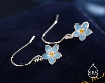 Sterling Silver Dainty Enamel Forget-me-not Flower Drop Hook Earrings, Dainty Dangle Forget Me Not Flower Earrings