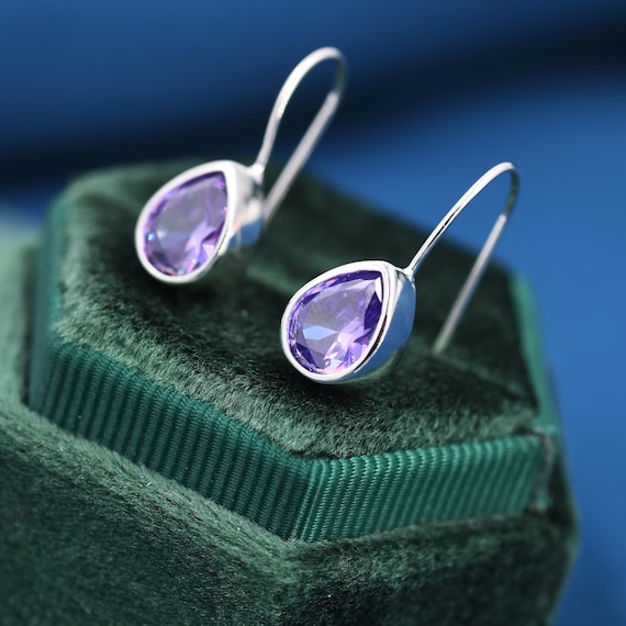 Sterling Silver Amethyst Purple CZ Droplet Drop Earrings in