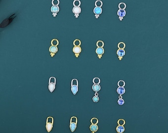 Opal or Moonstone Charms for Huggie Hoops, Sterling Silver Double Round Circle Opal Charms for Earrings, Detachable, Silver or Gold,