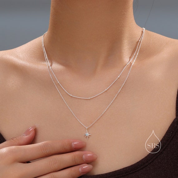 Double Layer Opal Starburst Pendant Necklace in Sterling
