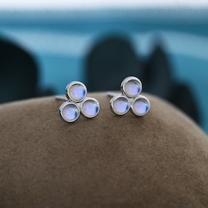Moonstone Trio Stud Earrings in Sterling Silver, Moonstone Trinity Earrings, Simulated Moonstone Earrings, Trefoil Three