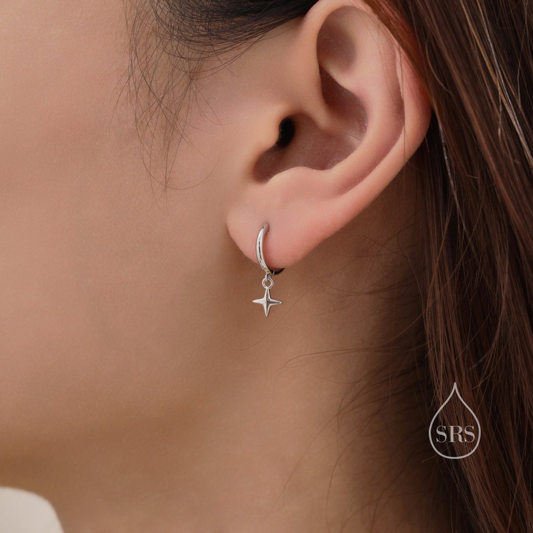 Tiny Four Point Star Huggie Hoop Earrings in Sterling Silver, Silver, Gold or Rose Gold, North Star Earrings, Sunburst Earrings, Celestial - Etsy Japan